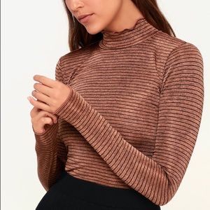 Copper striped long sleeve mock neck top